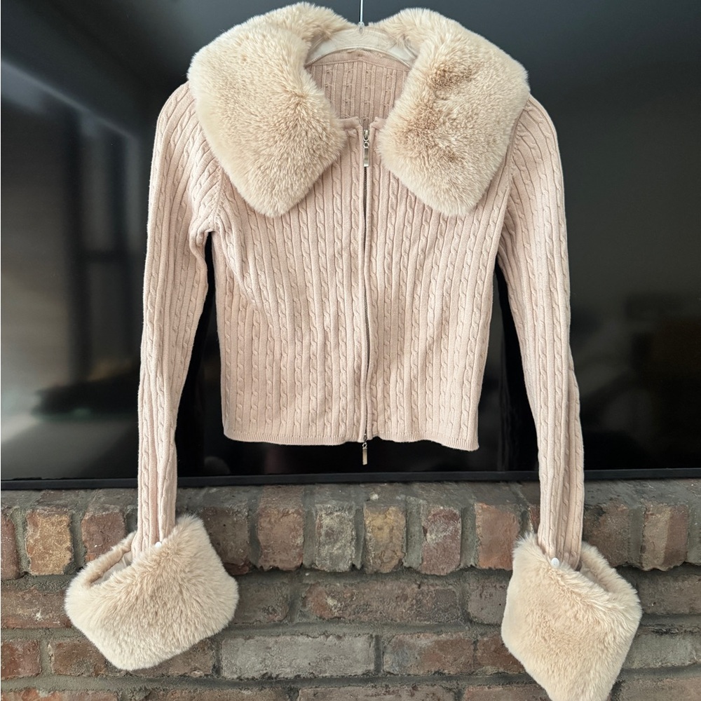 Women's Light Pink Faux Fur Cuff Collar Jacket